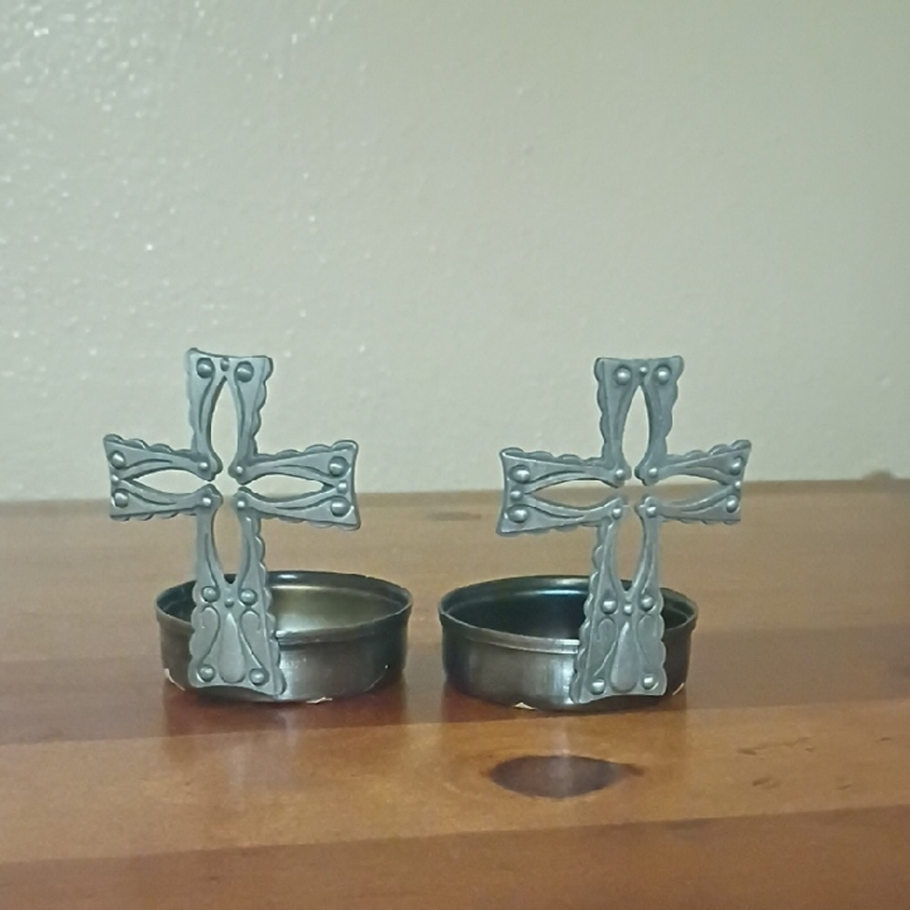 Decorative Silver Cross Tea Light Holders - Set of 2